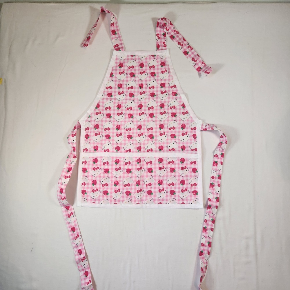 Handmade Hello Kitty Pink Gingham Strawberry Bib Apron with Pocket Kids Size